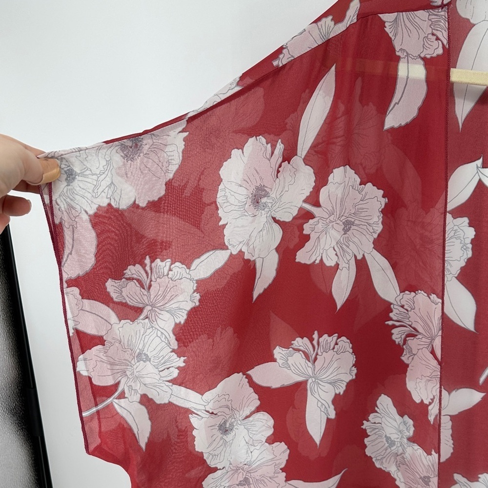 Boho Western Dressy Romantic Effortless Floral Red Kimono Top SzOS - Picture 3 of 9